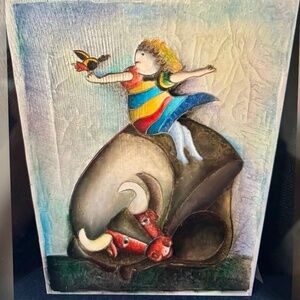 J. Roybal original oil canvas "Young Girl Riding a Bull" signed 17" x 13 "